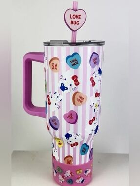 Hello Kitty Pink Striped Travel Tumbler with Candy Heart Motifs